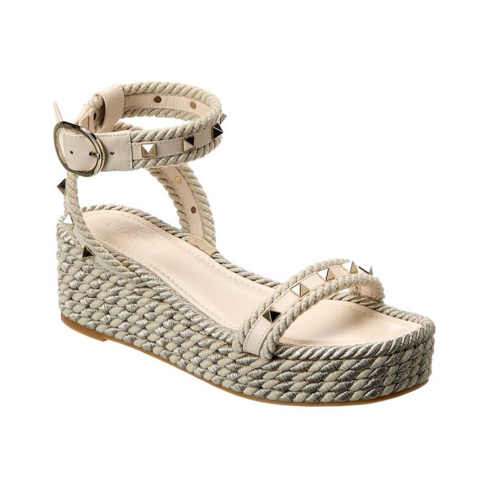 Valentino Rockstud 45 Rope & Leather Wedge Sandal, White